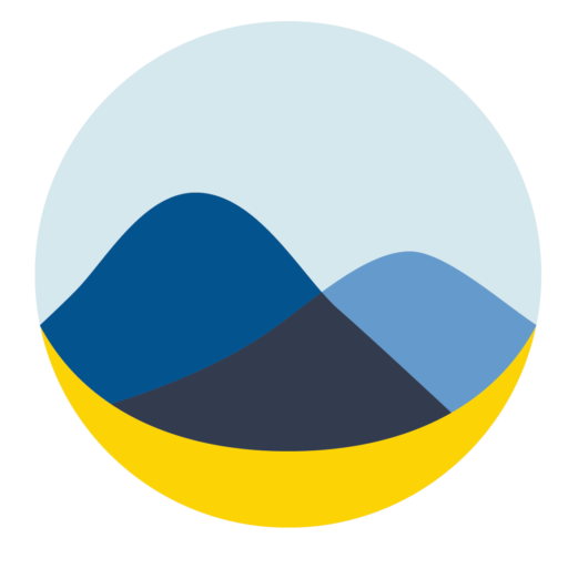 Round icon with blue and light blue mountains against a sky background, overlapping at the center. A yellow semicircle forms the base, resembling hills in a landscape. Ideal for representing Redmond Ridge Orthodontics' commitment to aligning your smile with nature's beauty.