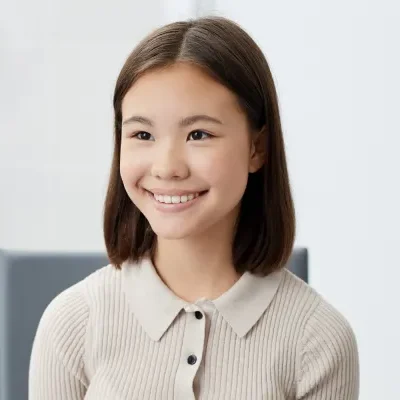 A young girl with shoulder-length brown hair and a beige collared sweater smiles while looking off-camera, showcasing her perfect smile, thanks to the care at Redmond Ridge Orthodontics.